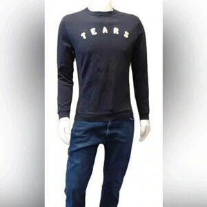 Zara Man Tears  Blue Knit Embroidered Pullover Sweater Size Medium